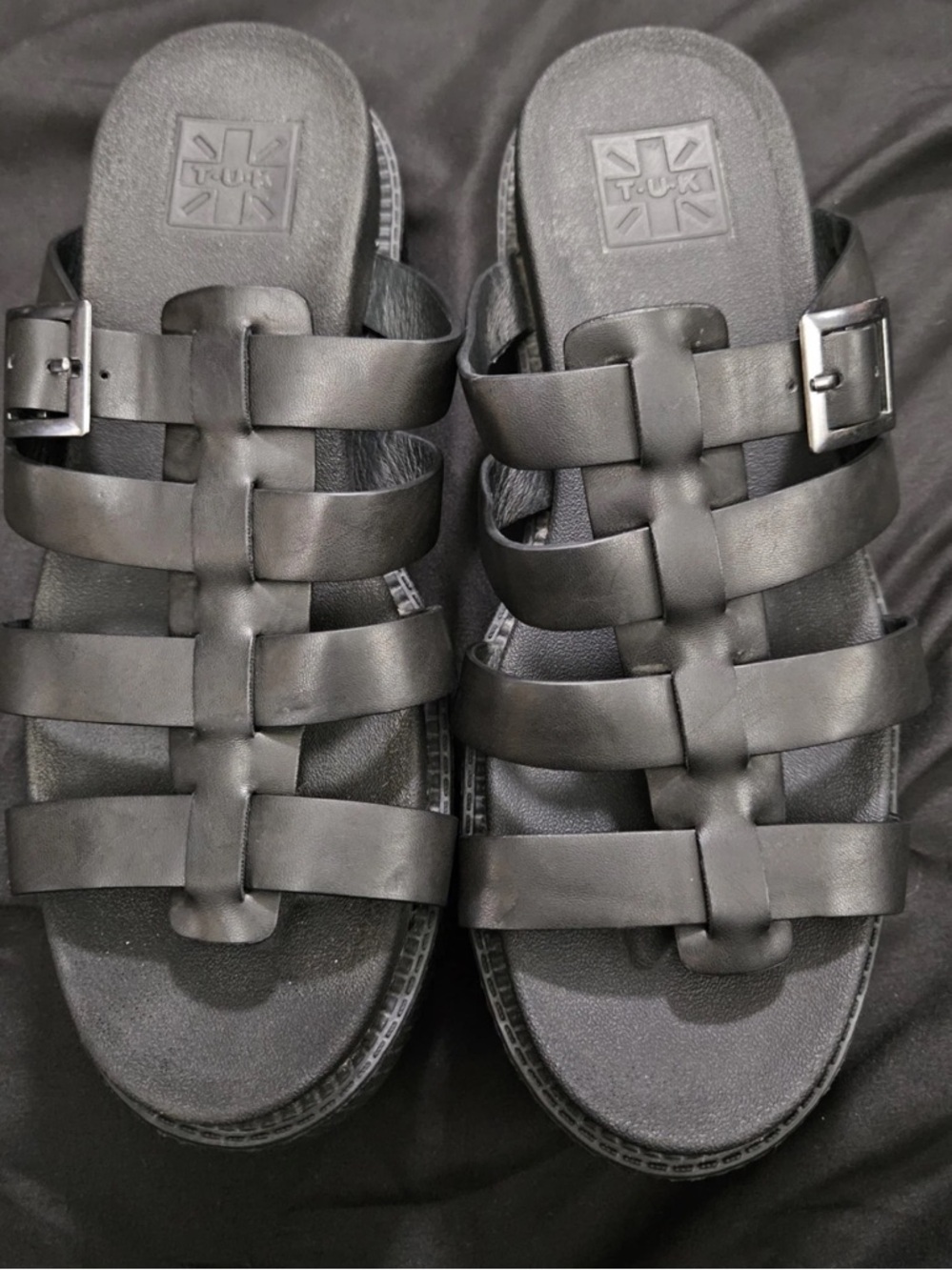 T.U.K Black Multi-Strap Buckle Slide Sandals